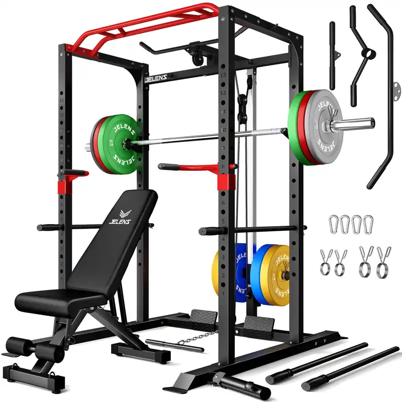 Power Cage, 2000LBS Multi-Function S11 Power Rack with LAT Pulldown, Squat Rack with Adjustable Pulley System (260LB Colored Weights Package)
