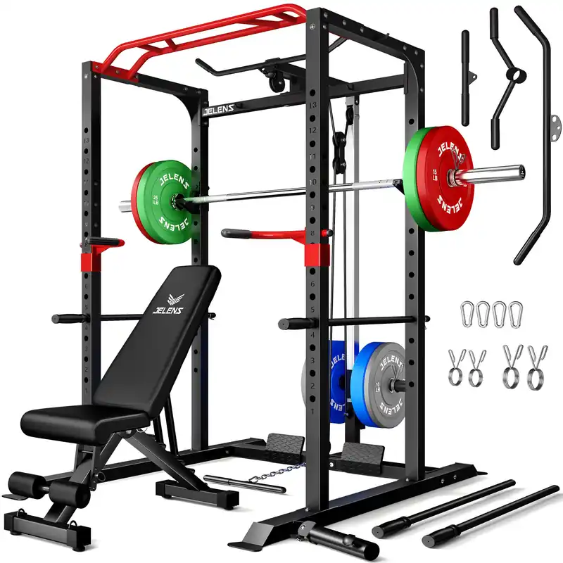 JELENS Power Cage, 2000LBS Multi-Function S11 Power Rack with LAT Pulldown, Squat Rack with Pulley System and More Training Attachments (190LB Colored Weights Package)