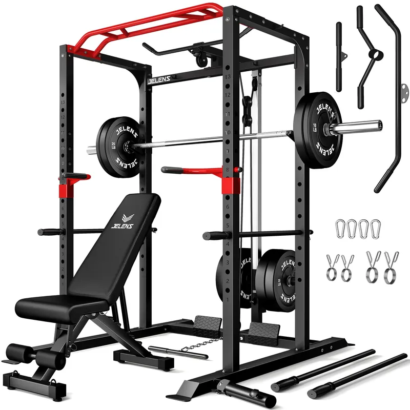 JELENS Power Cage, 2000LBS Multi-Function S11 Power Rack with LAT Pulldown, Squat Rack with More Training Attachments (230LB Black Weights Package)