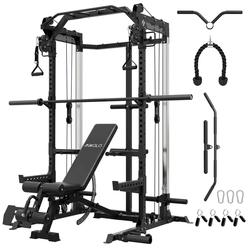 Mikolo Power Cage, 2000LB Power Rack with Independent Dual Pulley System, Multi-Function Home Gym Workout Machine for Cable Crossover (Black with Barbell)