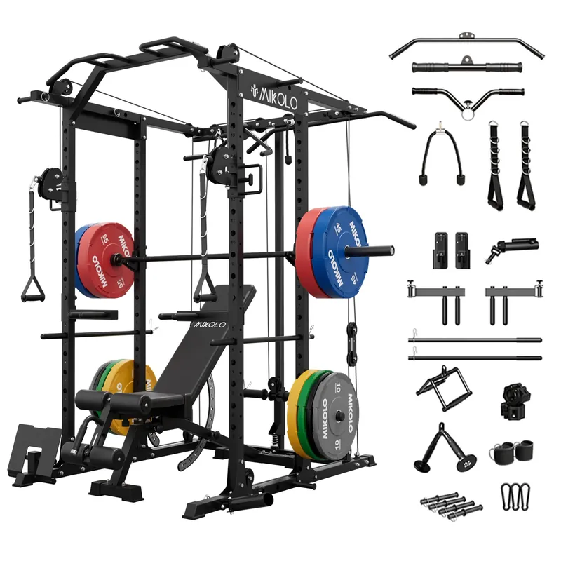 Mikolo K6 Power Cage, Power Rack with Cable Crossover System, Home Gym Packages with Weight Bench, Olympic Barbell, 370b Weight Set-Black