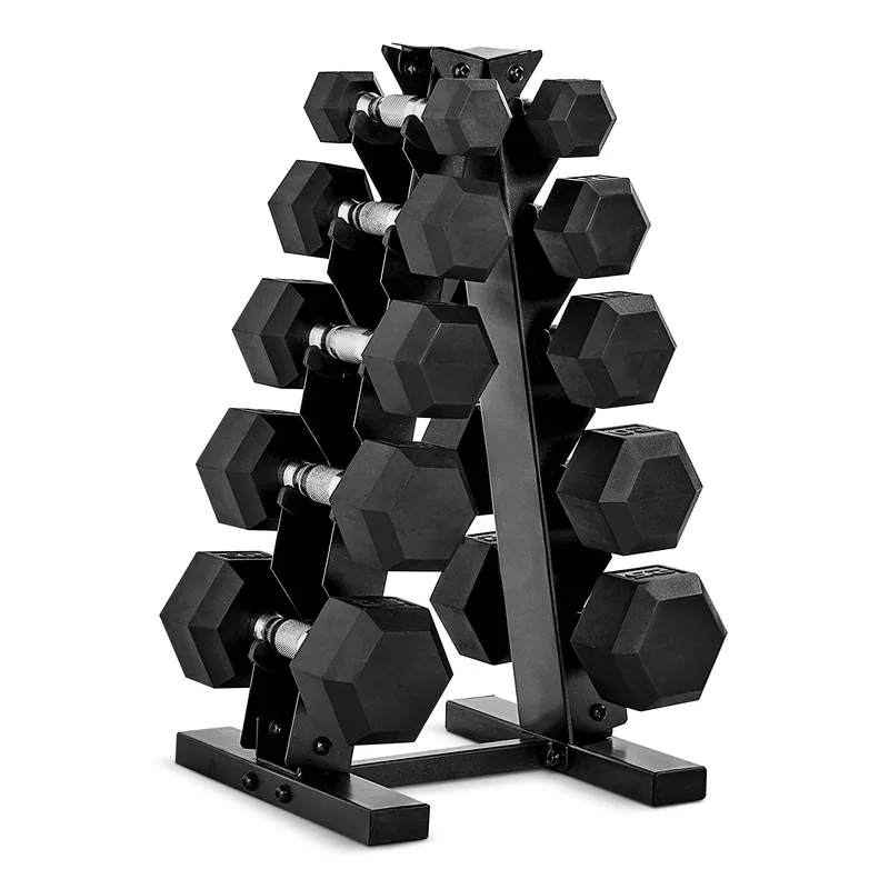 CAP 150 LB Rubber Coated Hex Dumbbell Hand Weight Set with Vertical Storage Rack - Chrome Handle Black Rack