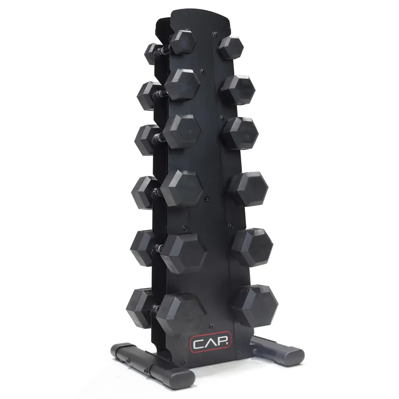 CAP 210 LB Coated Hex Dumbbell Weight Set with Comfort Grip and with Vertical Black Rack