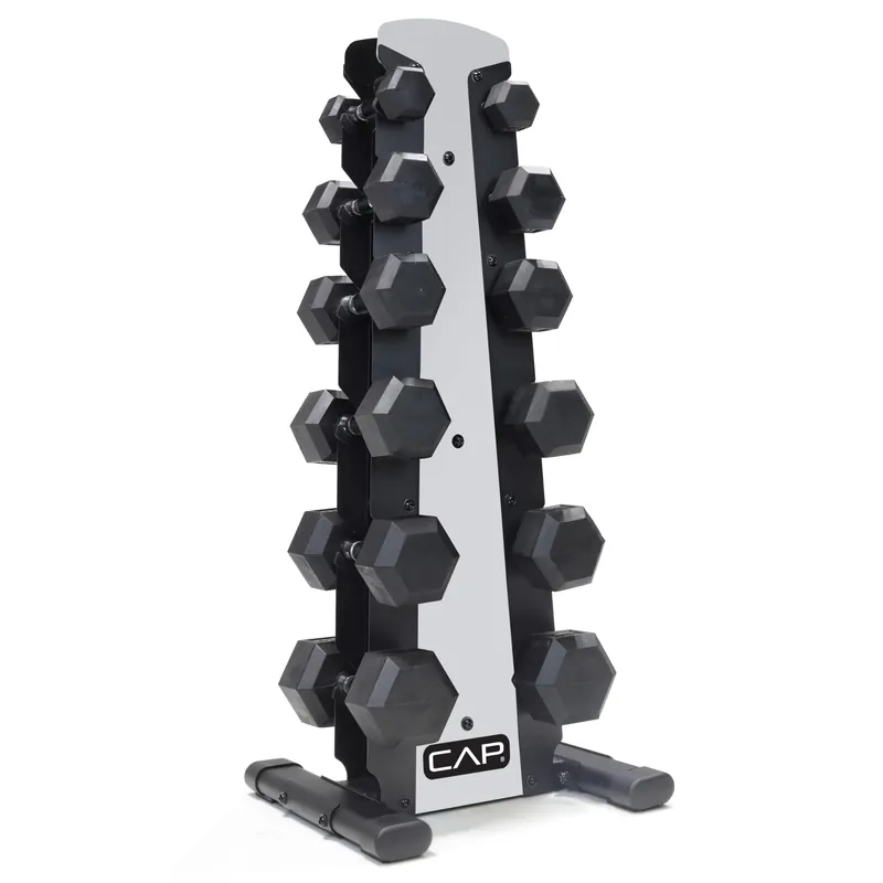 CAP 210 LB Coated Hex Dumbbell Weight Set with Comfort Grip and with Vertical Silver Rack