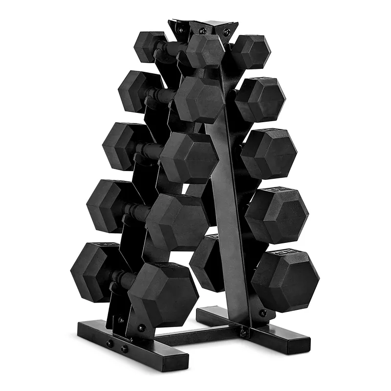CAP 150 LB Rubber Coated Hex Dumbbell Hand Weight Set with Vertical Storage Rack Black Handle