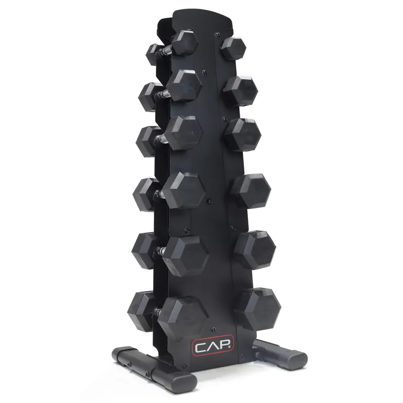 CAP 210 LB Rubber Coated Hex Dumbbell Hand Weight Set with Vertical Black Rack Chrome Handles