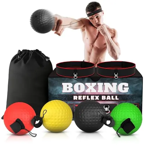 Boxing Reflex Ball Set with 4 Difficulty Balls & 2 Adjustable Headbands – Reaction Ball Training Kit for Adults, Improves Speed, Focus