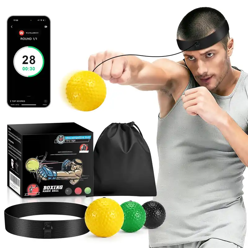 JUOIFIP Boxing Reflex Ball Set Punch Counter APP Included,3 Balls with Different Weights, Adjustable Headband Hand Eye Reaction Trainer Boxing Gym Equipment