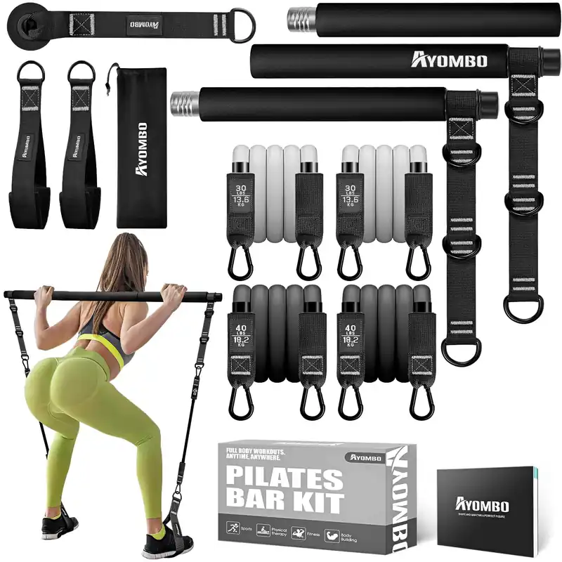 Ayombo Pilates Bar, Multifunctional Pilates Bar Kit with Resistance Bands, Adjustable Fitness Workout Equipment Set for Men Women, Portable Home Gym