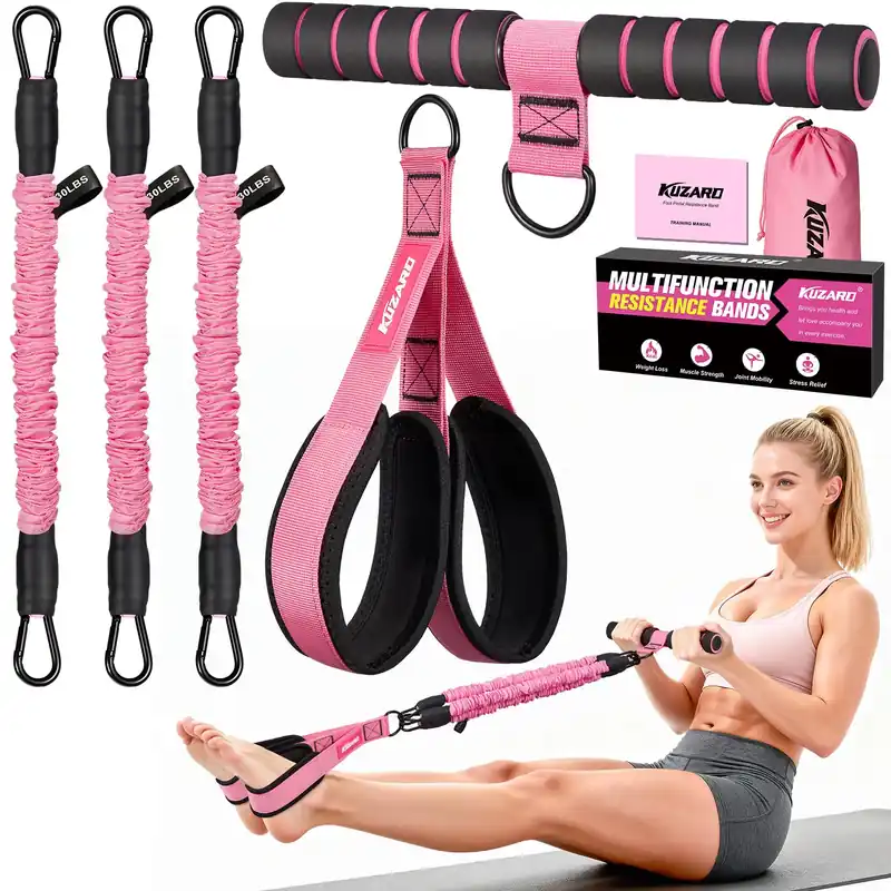 KUZARO Upgraded Multifunction Pedal Resistance Band with Handle, 3 Tube Adjustable Resistance Bands for Abdomen, Waist, Arm, Core/ABS, Leg Workout