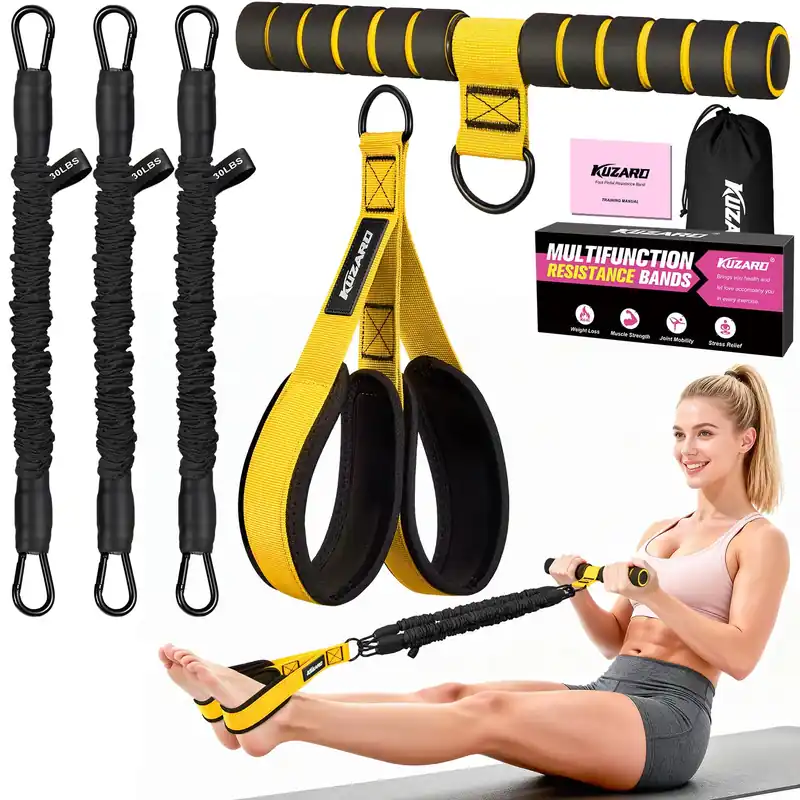 KUZARO Upgraded Multifunction Pedal Resistance Band with Handle, 3 Tube Adjustable Resistance Bands for Abdomen, Waist, Arm, Core/ABS, Leg Workout