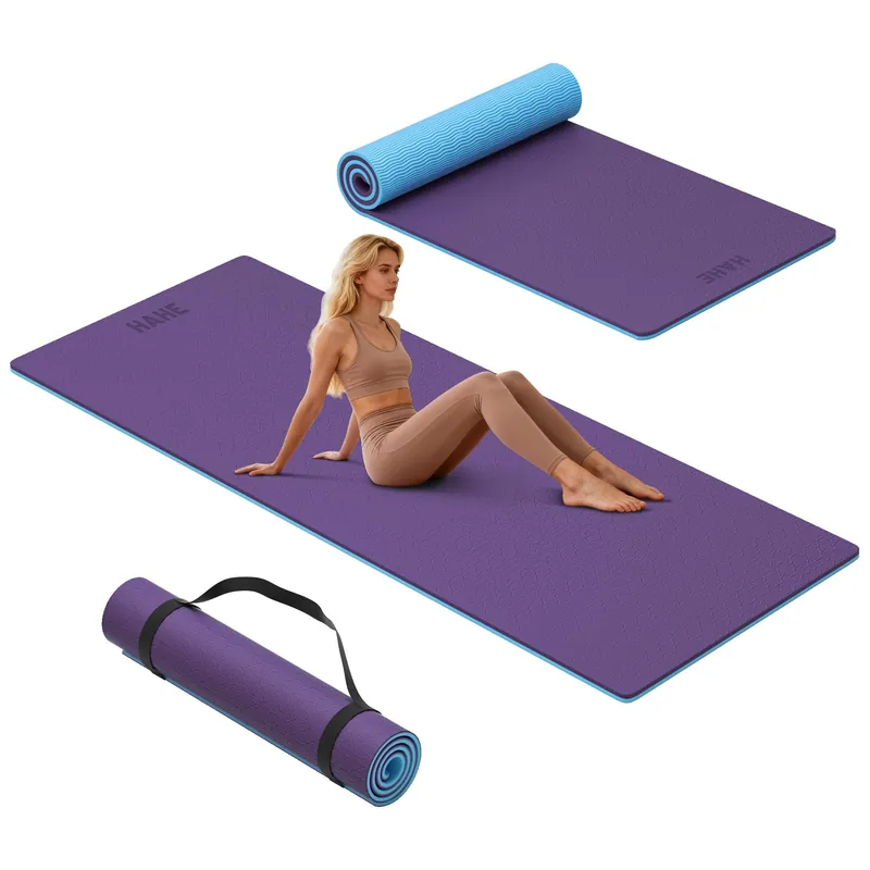 Yoga Mat Thick, 72"x32"x0.4"Th (10mm), Wide Non-Slip Exercise Mat with Carry Strap, Double-Sided POE Fitness Mat for Yoga, Pilates & Floor Workouts (Purple+Sky Blue)
