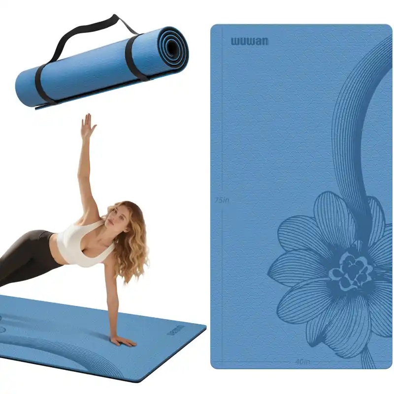 Large Yoga Mat 76"x 40"x10mm (2/5 inch) – Extra Thick & Wide, TPE Fitness Mat, Printed Non-Slip Exercise Mat with Carrying Strap (blue/black)
