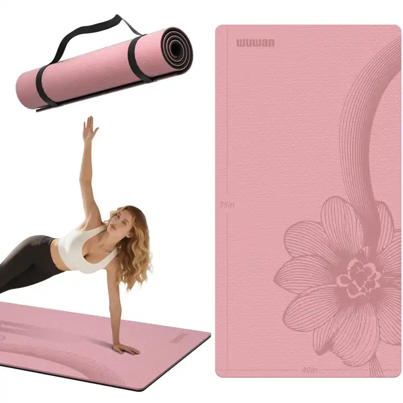 Yoga Mat 75"x 40"x10mm (2/5 inch) – Extra Thick & Wide, TPE Fitness Mat, Printed Non-Slip Exercise Mat with Carrying Strap (pink/black)
