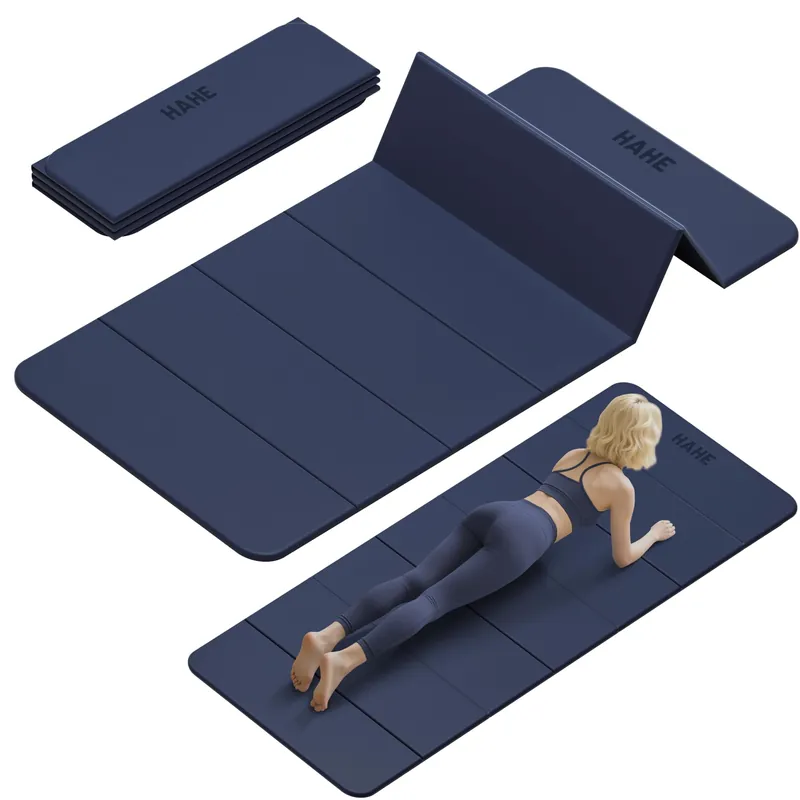 Foldable Yoga Mat, 74"Lx32"Wx1/3"Thick, Folding Exercise Mat, Non-slip Wide Pilates Mats for Home Workout/Travel, Portable Yoga Mat Thick (Navy Blue)