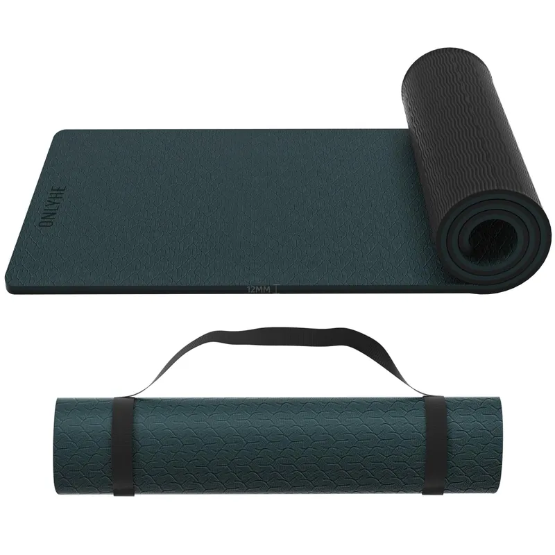 onlyhe Extra Thick 12mm TPE Exercise Yoga Mat with Strap, 1/2 Inch Non-slip Workout Mat for gymnastics, Pilates, Home, Workout, Gym Floor Fitness (Dark green + Black)