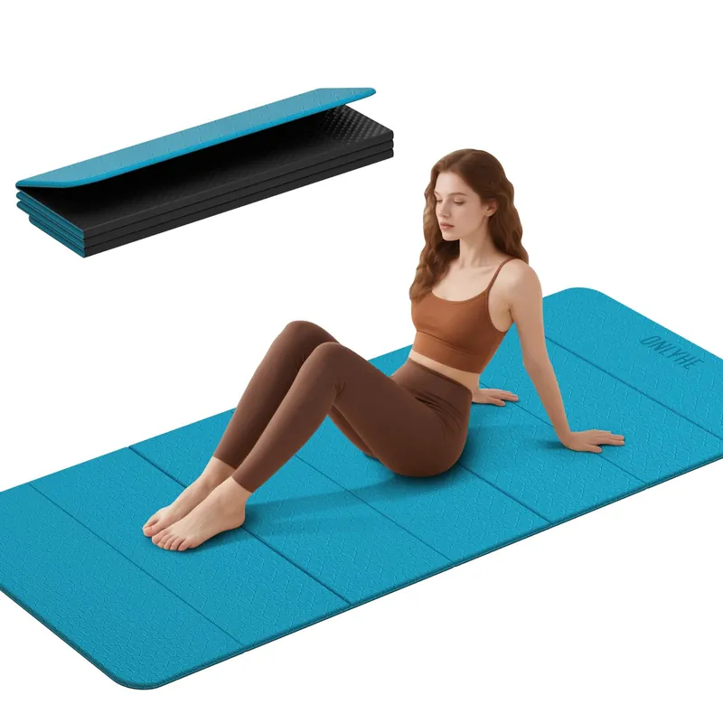 Foldable Yoga Mat 75"x31.5"x0.24" - Extra Large Lightweight TPE Exercise Mat, Double Non-Slip for Pilates, Home Workouts & Outdoor Use (Blue-black)