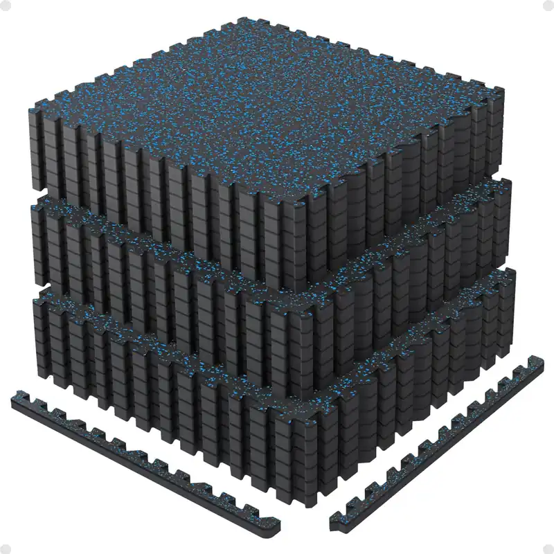 AIRHOP 0.79in Thick 72 Sq Ft Exercise Equipment Mats, 18 Tiles Upgraded Rubber Top with High Density EVA Foam, Large Interlocking Puzzle Gym Flooring for Home Gym, Heavy Weight Workout,Black & Blue