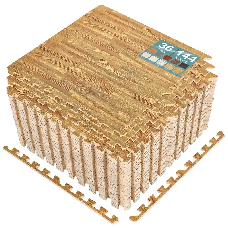 Sorbus 144 Sq. Ft. Wood Grain Floor Tiles Foam Mat EVA Interlocking Mats Tile 3/8-Inch Thick Flooring Wood Puzzle Exercise Mats w/Borders - Home Playroom Basement, Apartment, Trade Show, Baby, Dance
