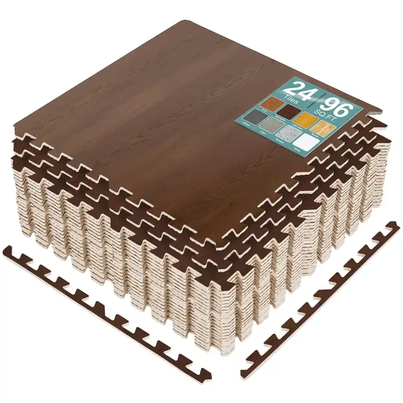 Sorbus 96 Sq. Ft. Wood Grain Floor Tiles Foam Mat EVA Interlocking Mats Tile 3/8-Inch Thick Flooring Wood Puzzle Exercise Mats w/Borders - Home Playroom Basement, Apartment, Trade Show, Baby, Dance