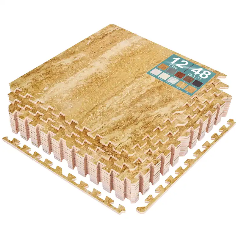 Sorbus 48 Sq. Ft. Wood Grain Floor Tiles Foam Mat EVA Interlocking Mats Tile 3/8-Inch Thick Flooring Wood Puzzle Exercise Mats w/Borders - Home Playroom Basement, Apartment, Trade Show, Baby, Dance