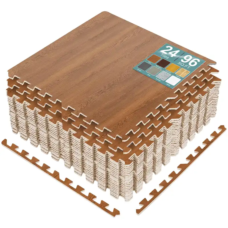 Sorbus 96 Sq. Ft. Wood Grain Floor Tiles Foam Mat EVA Interlocking Mats Tile 3/8-Inch Thick Flooring Wood Puzzle Exercise Mats w/Borders - Home Playroom Basement, Apartment, Trade Show, Baby, Dance