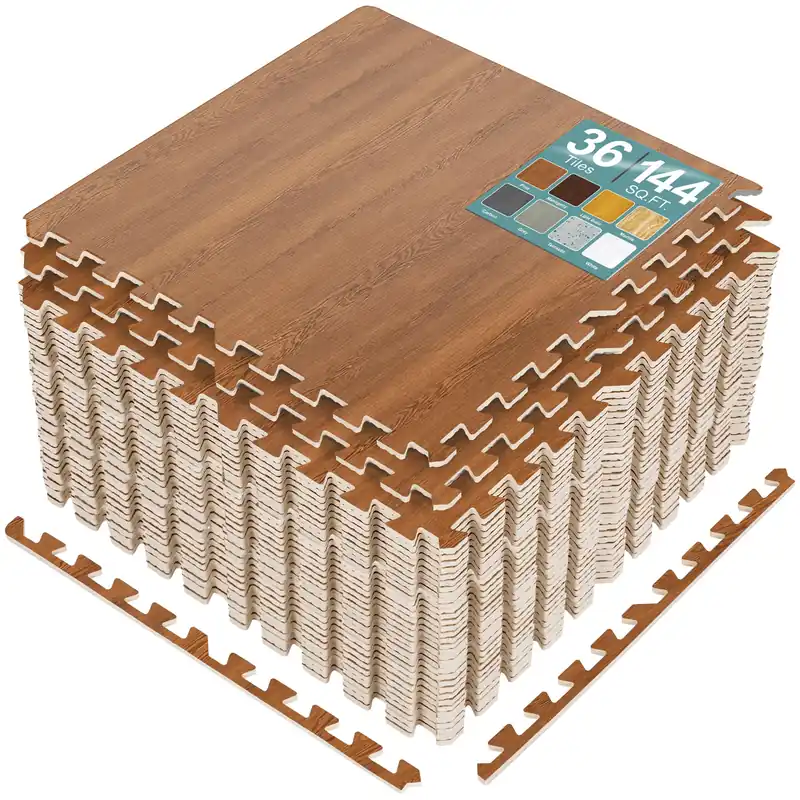 Sorbus 144 Sq. Ft. Wood Grain Floor Tiles Foam Mat EVA Interlocking Mats Tile 3/8-Inch Thick Flooring Wood Puzzle Exercise Mats w/Borders - Home Playroom Basement, Apartment, Trade Show, Baby, Dance