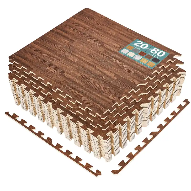 Sorbus 80 Sq. Ft. Wood Grain Floor Tiles Foam Mat EVA Interlocking Mats Tile 3/8-Inch Thick Flooring Wood Puzzle Exercise Mats w/Borders - Home Playroom Basement, Apartment, Trade Show, Baby, Dance