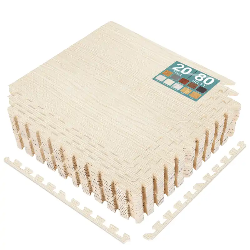 Sorbus 80 Sq. Ft. Wood Grain Floor Tiles Foam Mat EVA Interlocking Mats Tile 3/8-Inch Thick Flooring Wood Puzzle Exercise Mats w/Borders - Home Playroom Basement, Apartment, Trade Show, Baby, Dance