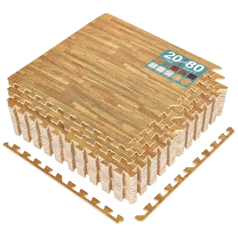 Sorbus 80 Sq. Ft. Wood Grain Floor Tiles Foam Mat EVA Interlocking Mats Tile 3/8-Inch Thick Flooring Wood Puzzle Exercise Mats w/Borders - Home Playroom Basement, Apartment, Trade Show, Baby, Dance