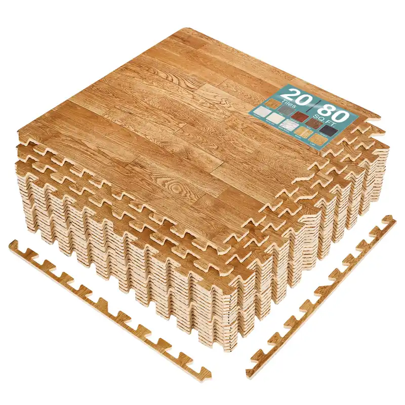 Sorbus 80 Sq. Ft. Wood Grain Floor Tiles Foam Mat EVA Interlocking Mats Tile 3/8-Inch Thick Flooring Wood Puzzle Exercise Mats w/Borders - Home Playroom Basement, Apartment, Trade Show, Baby, Dance