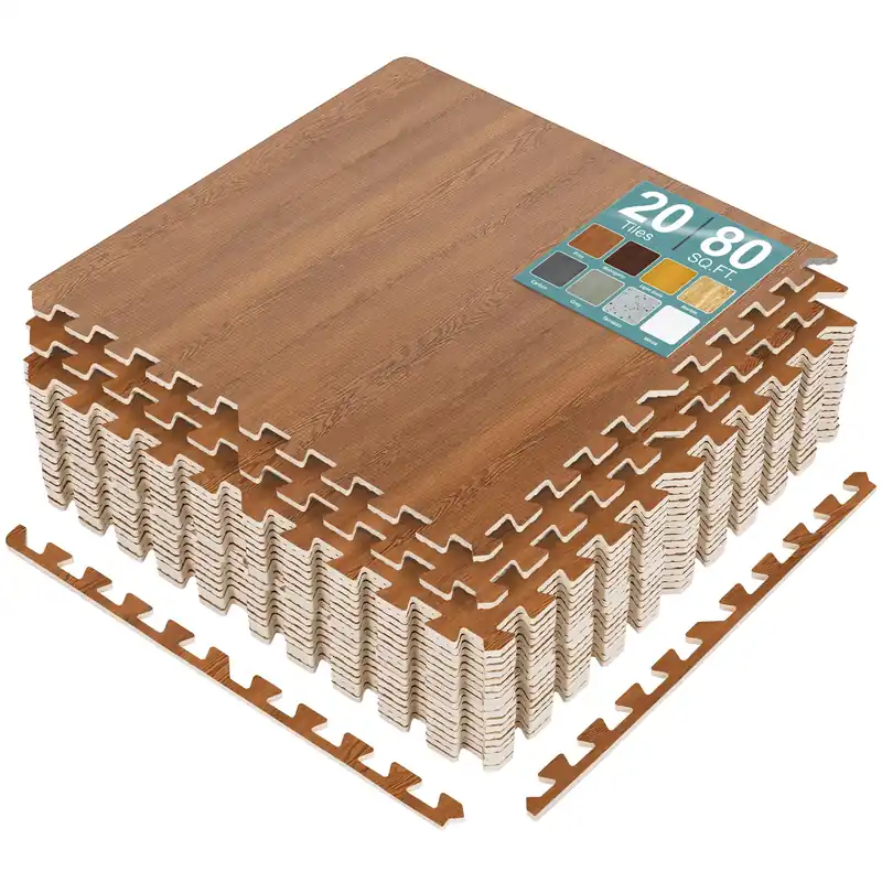 Sorbus 80 Sq. Ft. Wood Grain Floor Tiles Foam Mat EVA Interlocking Mats Tile 3/8-Inch Thick Flooring Wood Puzzle Exercise Mats w/Borders - Home Playroom Basement, Apartment, Trade Show, Baby, Dance