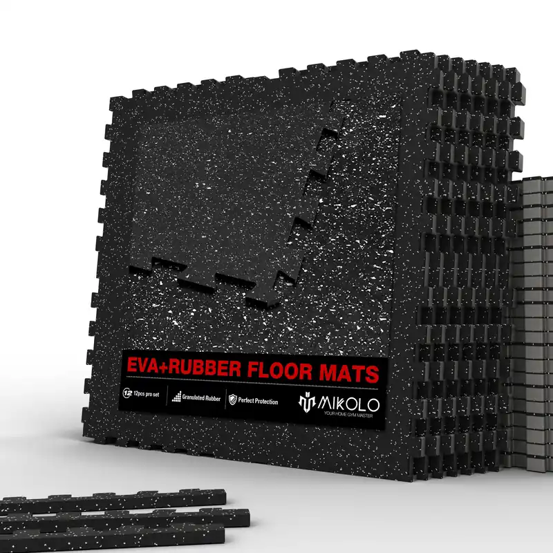 Mikolo 0.56 Inch Thick Gym Flooring for Home Gym, 12 Tiles Exercise Equipment Mats with EVA Foam and Rubber Top, Interlocking Puzzle Rubber Gym Flooring, Protective Flooring Mat