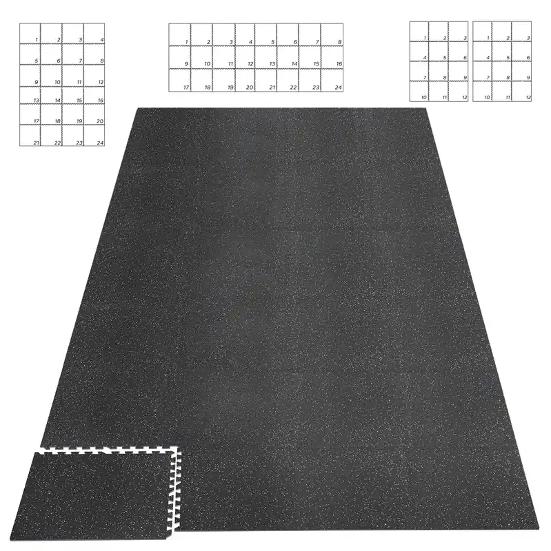 HAPBEAR 0.56‘‘ Thick 24 Pcs 96 Sq Ft Exercise Equipment Mats - High-Density Rubber Top EVA Foam Interlocking Mats, 24x24in Tiles, Heavy-Duty Treadmill Mat for Hardwood Floors, Home Gym Mat
