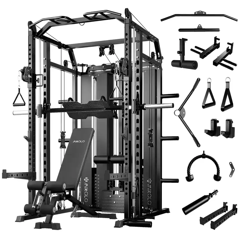 Mikolo Smith Machine with Weight Stack, Power Cage Home Gym System with LAT Pulldown & Cable Crossover, Multi-Functional Trainer with Dual Pulley System, Weight Bench, Cable attachments