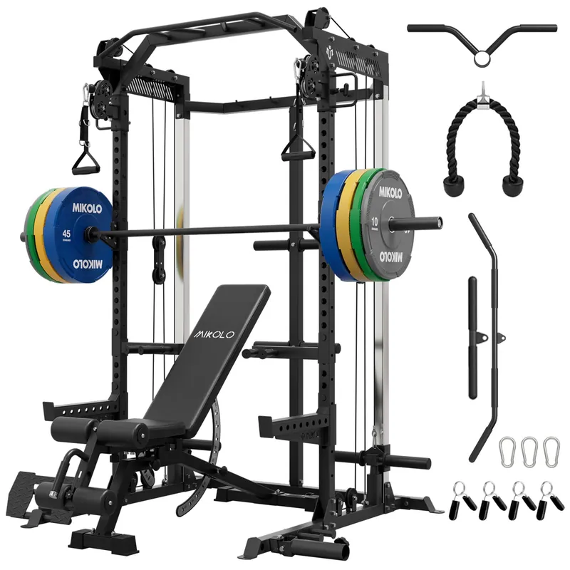 Mikolo Power Cage, 2000LB Power Rack with Independent Dual Pulley System, Multi-Function Home Gym Workout Machine for Cable Crossover (Black Package)
