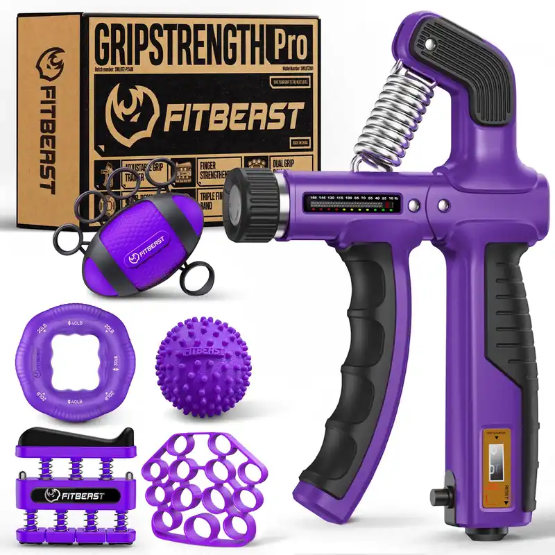 FitBeast Grip Strength Trainer, Hand Gripper Strengthener Kit - 6 Pack with Adjustable Resistance Forearm Strengthener, Forearm Exerciser and Massage Balls for Hand Therapy, Grip Training (Purple)