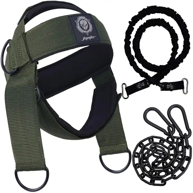 Neck Harness for Increases Neck Core Strength - Neck Exerciser with 30" Heavy Duty Steel Chain for Safely Lifting Weights Up to 280 lbs Green