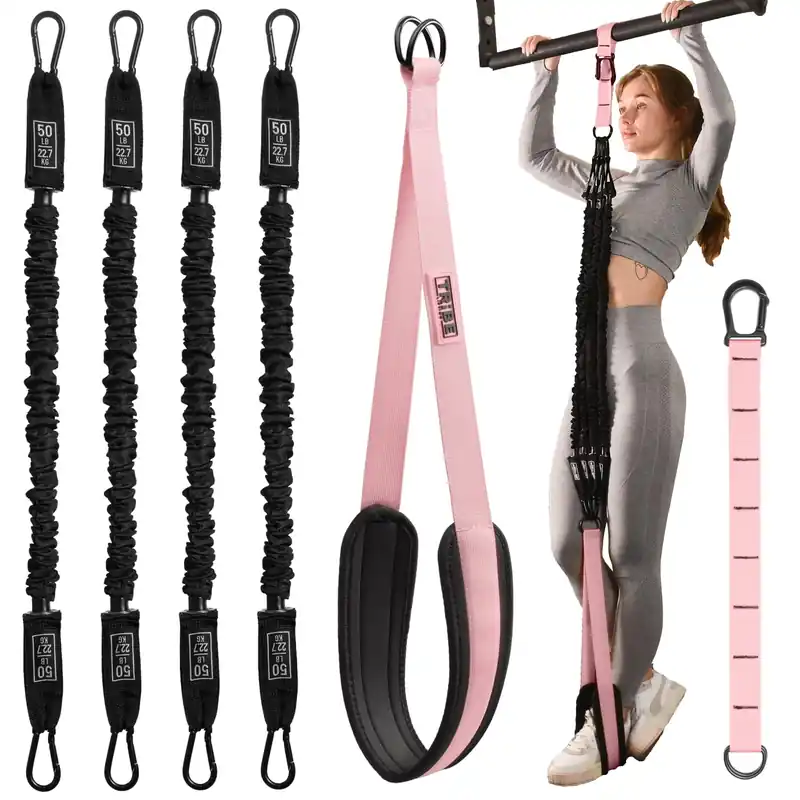 Pull Up Assistance Bands Set - 4 Heavy-Duty Pull Up Bands, Height Adjustable Strap & Comfortable Foot Strap - Stackable Pull Up Resistance Bands for Pull Ups (Pink)