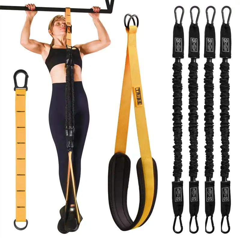 Pull Up Assistance Bands Set - 4 Heavy-Duty Pull Up Bands, Height Adjustable Strap & Comfortable Foot Strap - Stackable Pull Up Resistance Bands for Pull Ups (Yellow)