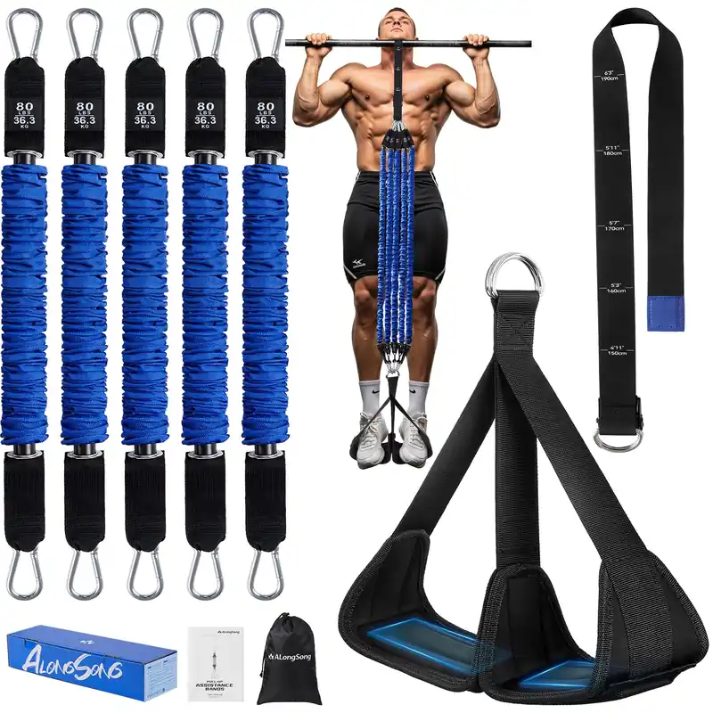 ALongSong Pull Up Assistance Bands with Foot Support Pedal - Upgrade Heavy Duty Resistance Bands Adjustable Weight/Height with 5x80Lbs Bands&Measured Strap for Strength Training Home Gym Core Workout