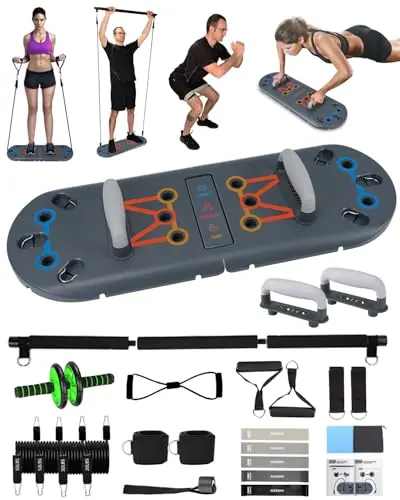 27-in-1 Portable Gym Exercise Equipment with Compact Push-Up Board, Resistance Bands, Ab Roller Wheel, and Pilates Bar, Master Your Workout