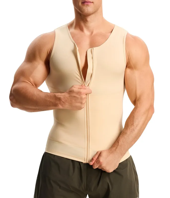 Nebility Compression Shirt Men Tank Top Compression Undershirt Mens Shapewear Body Shaper Waist Trainer Tummy Control Vest, Beige - 2X Large