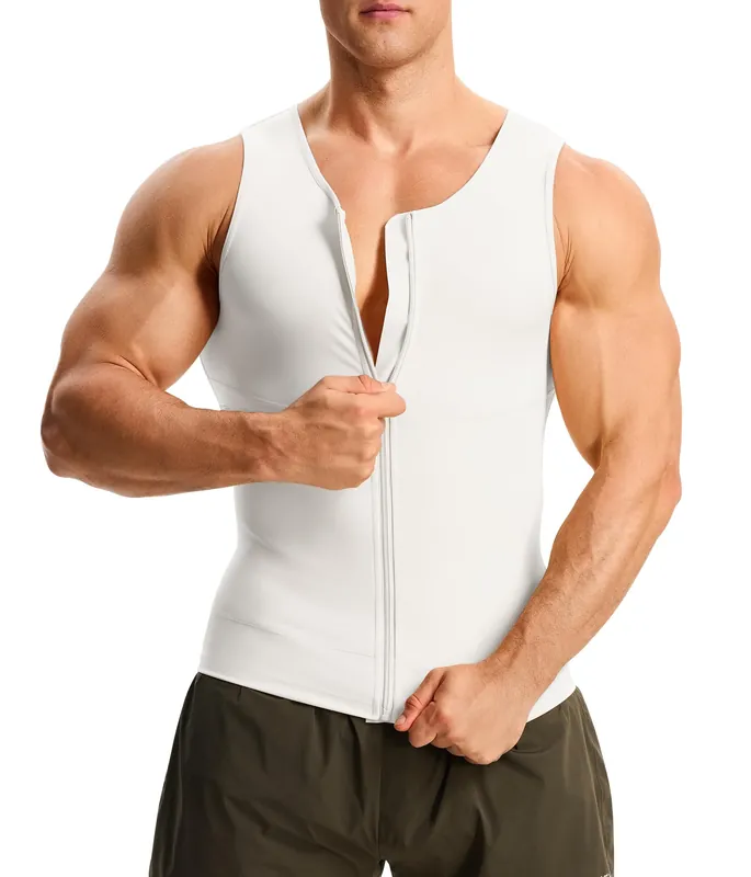 Nebility Compression Shirt Men Tank Top Compression Undershirt Mens Shapewear Body Shaper Waist Trainer Tummy Control Vest, White - Large