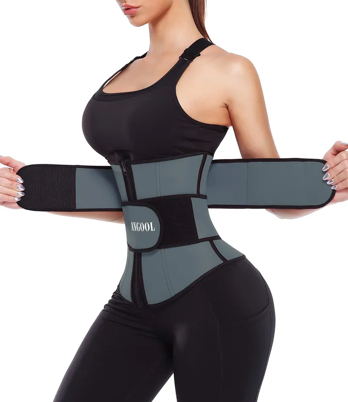 ANGOOL Neopren Waist Trainer For Women,Workout Plus Size Trimmer Belt Sauna Sweat Corset Cincher With Zipper 2XL Gray-Dark