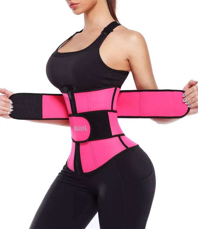 ANGOOL Neopren Waist Trainer For Women,Workout Plus Size Trimmer Belt Sauna Sweat Corset Cincher With Zipper 2XL Pink