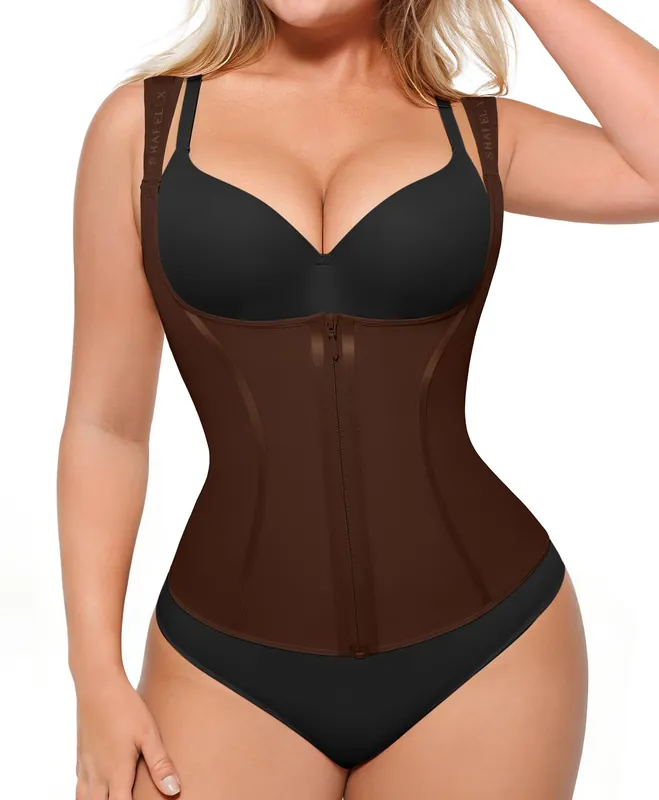 SHAPELLX Waist Trainer Body Shaper for Women Tummy Control Plus Size Corset Shapewear Workout Fajas Colombians Brown 3XL
