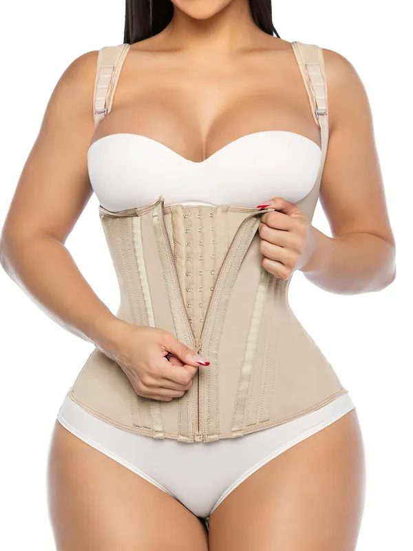 YIANNA Waist Trainer for Women Tummy Control Underbust Hourglass Corset Waist Cincher Vest Sport Girdle Postpartum Faja Body Shaper with Zipper and Hooks, YA7293-Beige-S