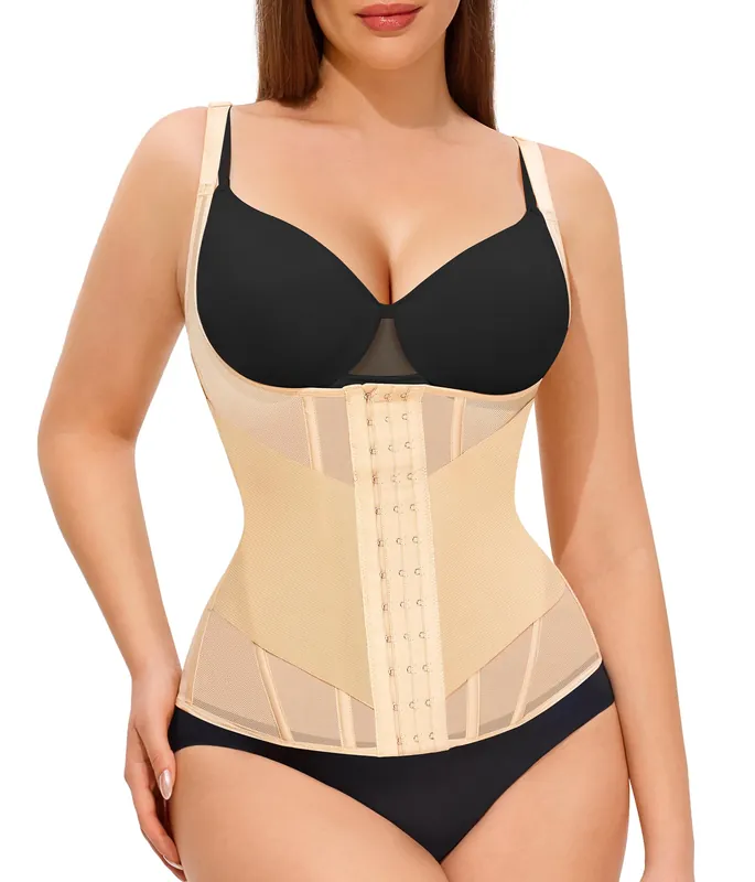 Nebility Waist Trainer for Women Corset Shapewear Tummy Control Body Shaper Top Waist Cincher Girdle with Adjustable Straps(Beige,Small)