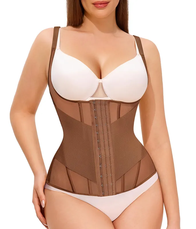 Nebility Waist Trainer for Women Corset Shapewear Tummy Control Body Shaper Top Waist Cincher Girdle with Adjustable Straps(Brown,X-Small)